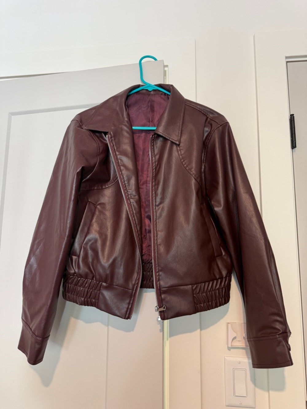Women's Burgundy Faux Leather Bomber Jacket